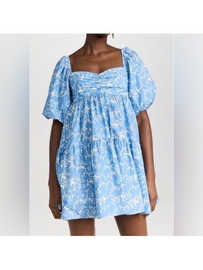 Amanda Uprichard Blue White Puff Sleeve Mini Dress